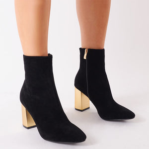 Zodiac Statement Block Heel Ankle Boots In Black Faux Suede