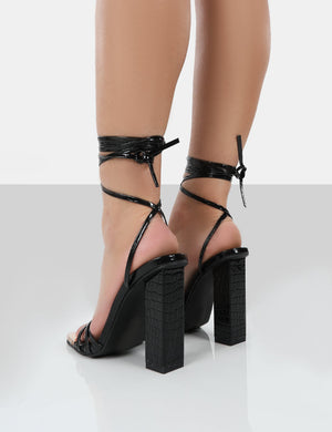 Amira Wide Fit Black Patent Croc Lace Up Block Heels