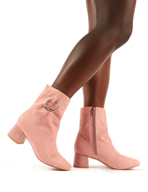 Aruba Low Heel Ring Detail Ankle Boots in Blush Pink Faux Suede