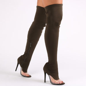 Brooklyn Clear Perspex Detail Over The Knee Boots in Khaki