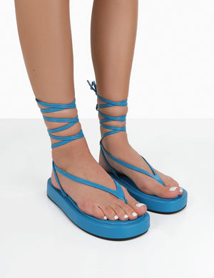 Beach Babe Blue Lace Up Toe Thong Flatform Sandals