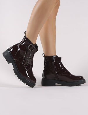 Brag Chunky Ankle Boots in Burgundy Patent