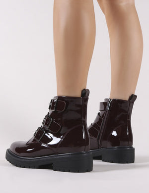 Brag Chunky Ankle Boots in Burgundy Patent