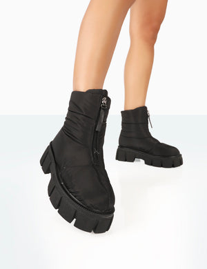 Puffy Black Nylon Zip Up Chunky Sole Snow Ankle Boots