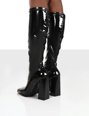 Caryn Black Patent Wide Fit Knee High Block Heeled Boots