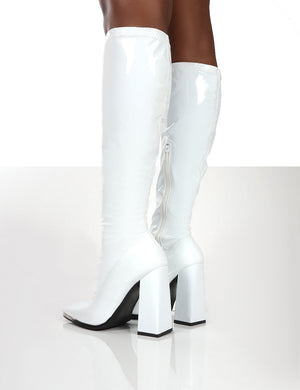 Caryn White Patent White Heeled Knee High Boots