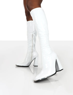 Caryn White Patent White Heeled Knee High Boots