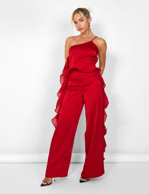 Kaiia Chiffon Ruffle Wide Leg Trouser in Red