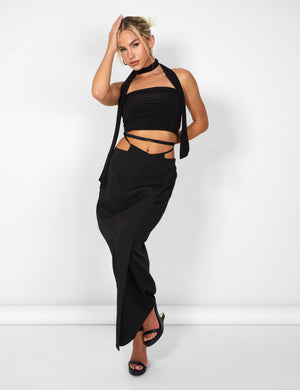 Kaiia Wrap Tie Side Maxi Skirt in Black