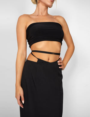 Kaiia Wrap Tie Side Maxi Skirt in Black