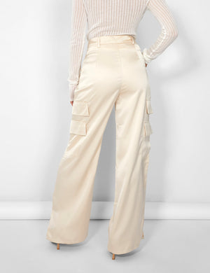 Kaiia Satin Wide Leg Cargos in Beige