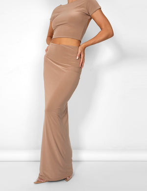 Kaiia Slinky Maxi Skirt Co-ord in Taupe