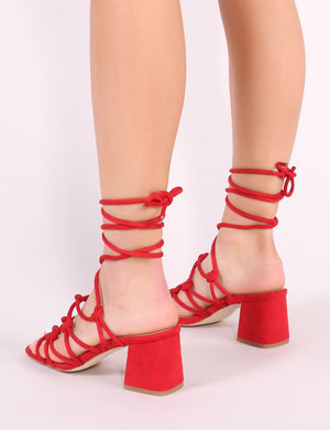 Freya Knotted Strappy Block Heeled Sandals in Red Faux Suede