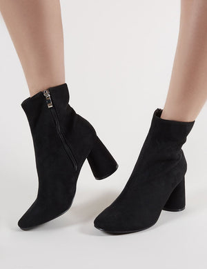 Bronte Round Heeled Ankle Boots in Black Faux Suede
