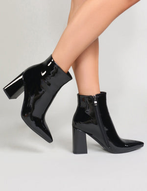 Empire Pointed Toe Ankle Boots in Black Patent