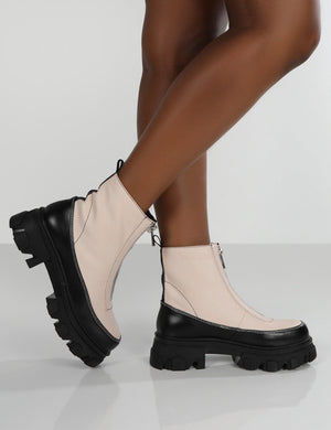 Direction Bone Pu Zip Front Chunky Sole Ankle Boot