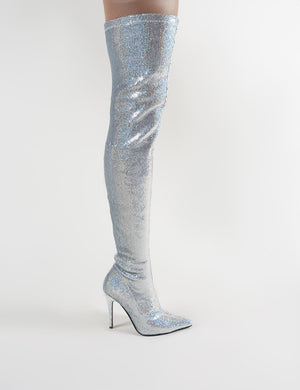 Dazzle Pointed Toe Over The Knee Boots in Silver Sequins