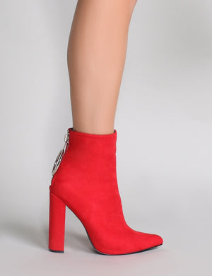 Fleek Metal Ring Ankle Boots in Red Faux Suede