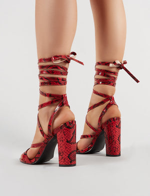 Julia Block Lace Up Heels in Red Snakeskin