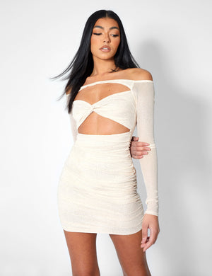 GLITTER MESH CUTAWAY MINI DRESS NUDE