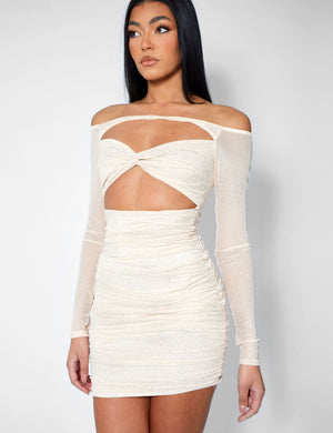 GLITTER MESH CUTAWAY MINI DRESS NUDE