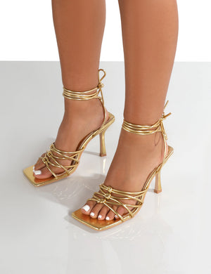 Keri Gold Strappy Lace up Mid Heels