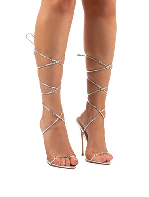 Lush Silver Lace Up Strappy Stiletto Heels