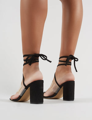 Mia Lace Up Block Heeled Sandals in Black Faux Suede