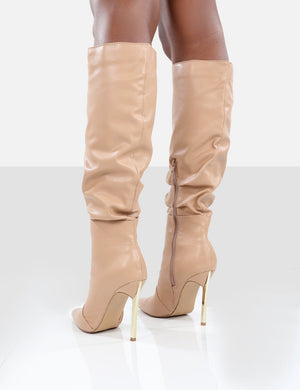 Monica Nude PU Pointed Toe Knee High Boots