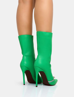 Pitstop Green Pu Zip Detail Pointed Toe Stiletto Heel Ankle Boots