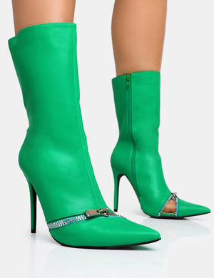 Pitstop Green Pu Zip Detail Pointed Toe Stiletto Heel Ankle Boots