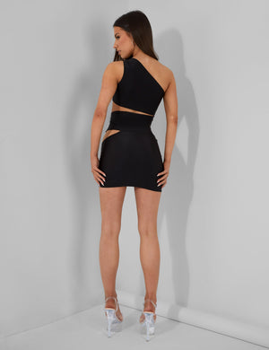 One Shoulder Asymetric Cut Out Mini Dress Black