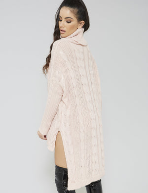 Pink High Neck Cable Knitted Dip Hem Dress