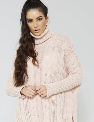 Pink High Neck Cable Knitted Dip Hem Dress