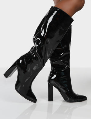 Posie Black Patent Wide Fit Knee High Block Heel Boots