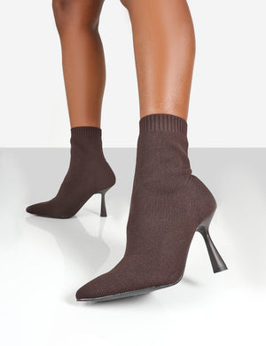 Refine Chocolate Brown Knit Pointed Sock Ankle Boots