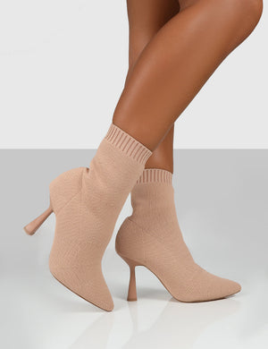 Refine Beige Knit Pointed Sock Ankle Boots