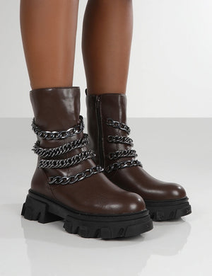Restrain Chocolate Pu Chain Detail Platform Chunky Sole Ankle Boot