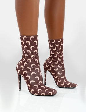 Saturn Return Wide Fit Brown Pointed Toe Stiletto Printed Sock Boots