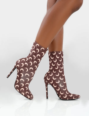 Saturn Return Wide Fit Brown Pointed Toe Stiletto Printed Sock Boots