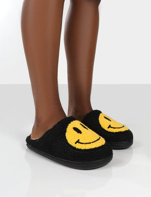 Smile Black Printed Smiley Face Slippers