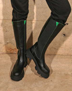 Kenza X Public Desire Survive Black Pu Chunky Sole Green Upper Knee High Boots