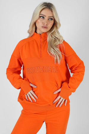 Universal Reverse Panel Half Zip Pullover Sweatshirt Orange