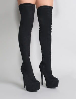 Kellie Platform Over The Knee Boots in Black Faux Suede